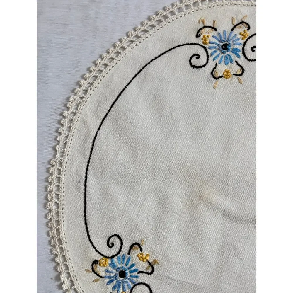 Vintage 3pc Set Embroidered Table Runner Dresser Scarf Blue Gold Floral AS IS